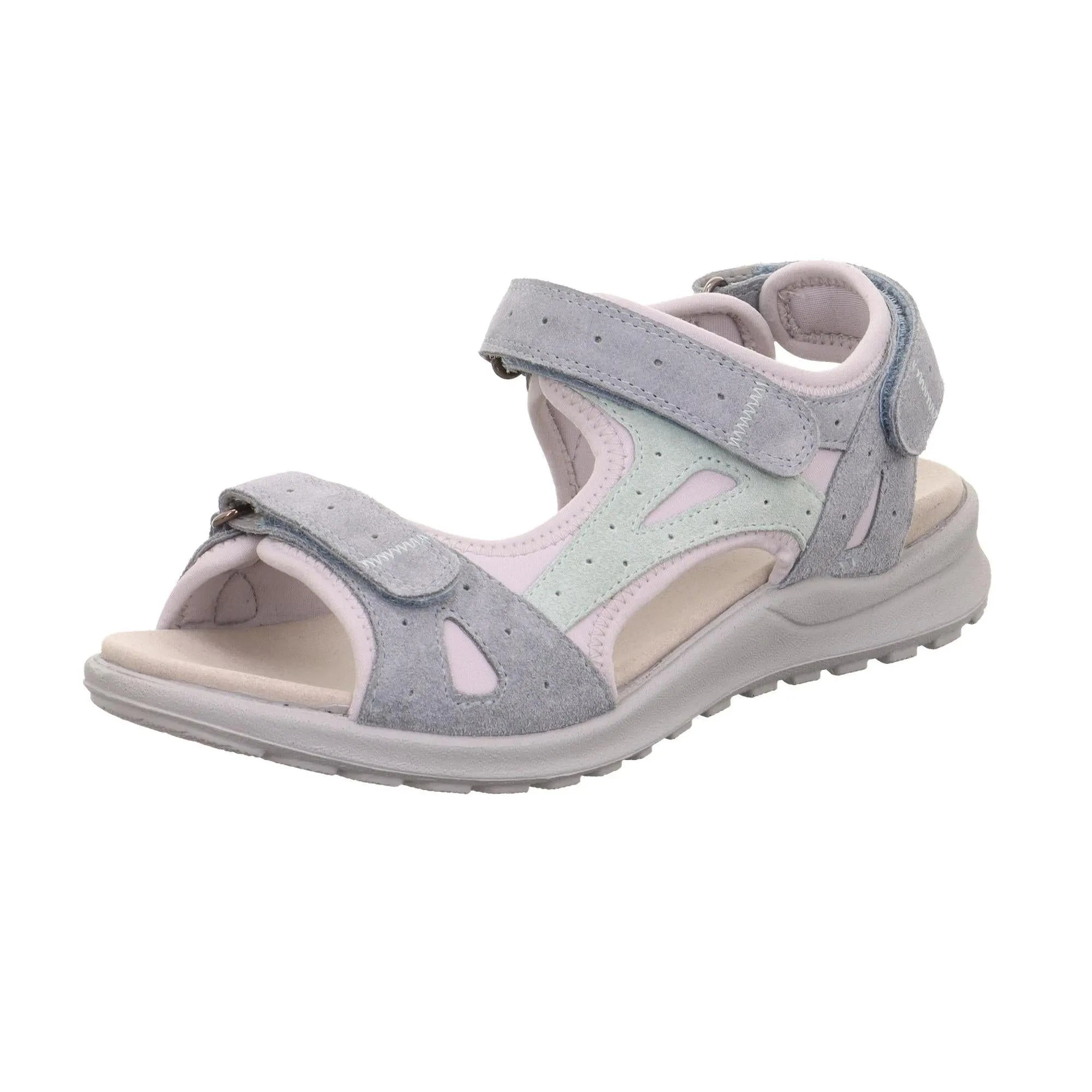Light grey leather and mesh open-toe sandal with touch fastening straps and a textured sole.