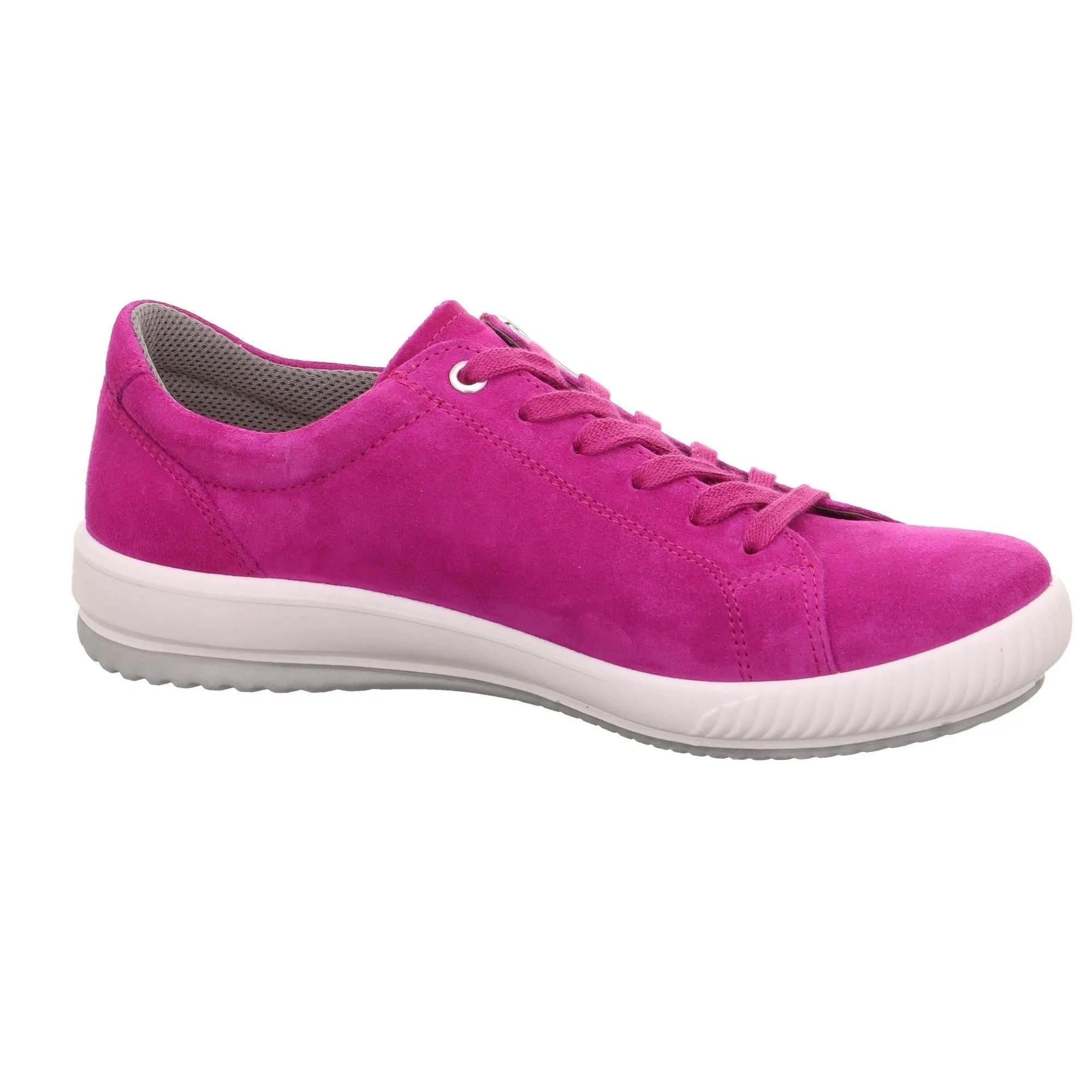 Pink suede women's trainer with lace-up and zip features, white rubber sole, and gray inner lining.