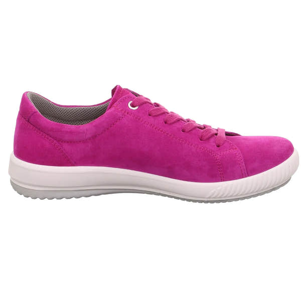 Pink suede trainer with laces and zip, white sole, grey inner lining, stylish casual footwear for women.