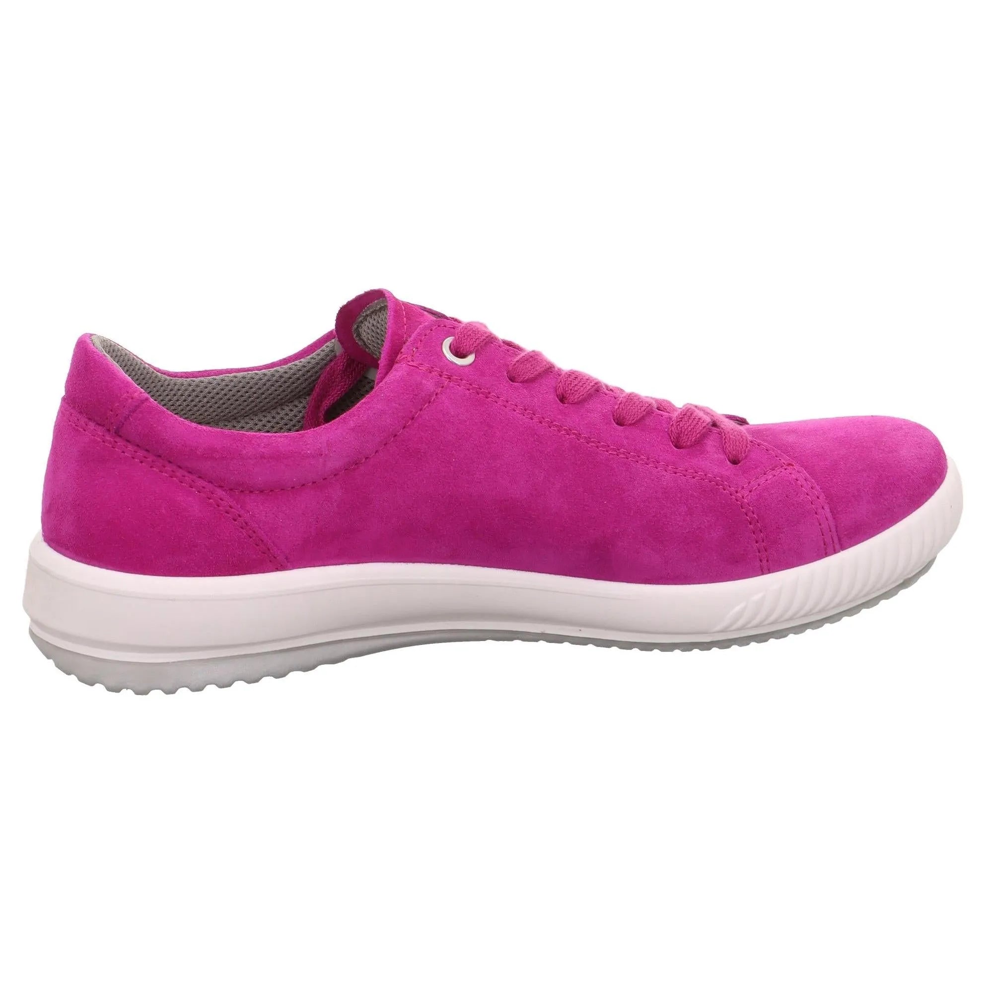 Pink suede lace-up trainer with zip detail, white rubber sole, and grey inner lining.