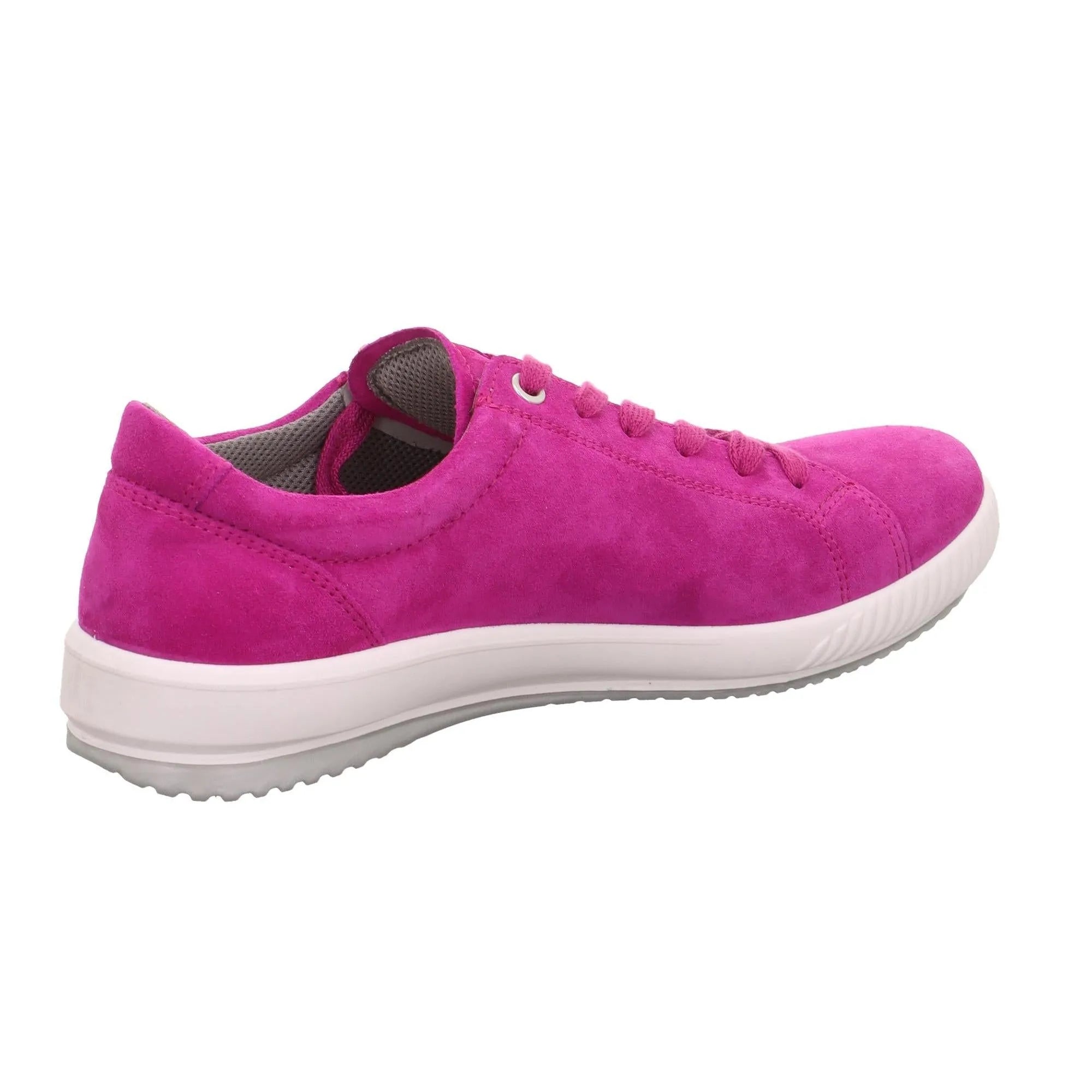 Pink suede trainers with lace and zip closure, white sole, and gray interior lining.
