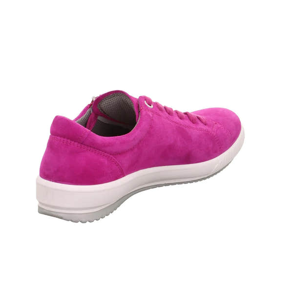 Pink suede trainers with lace-up and zip closure, white sole, and padded collar, styled for casual wear.