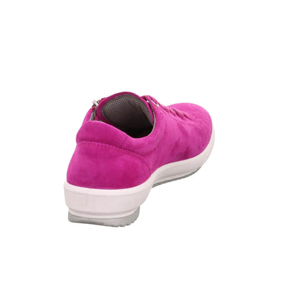 Pink suede trainer with a white sole, featuring zip and lace closures, on a plain white background.