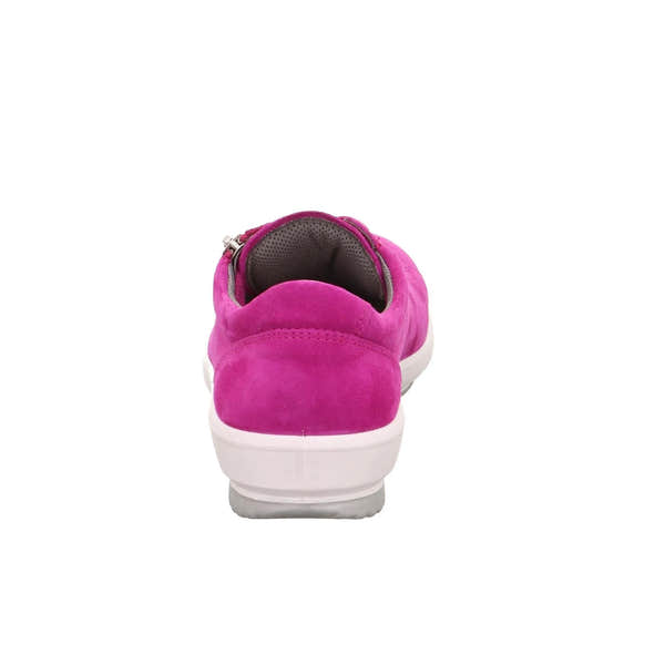 Pink suede trainers with zipper and lace details, cushioned grey interior, white sole, quick-zip style, women's casual footwear.