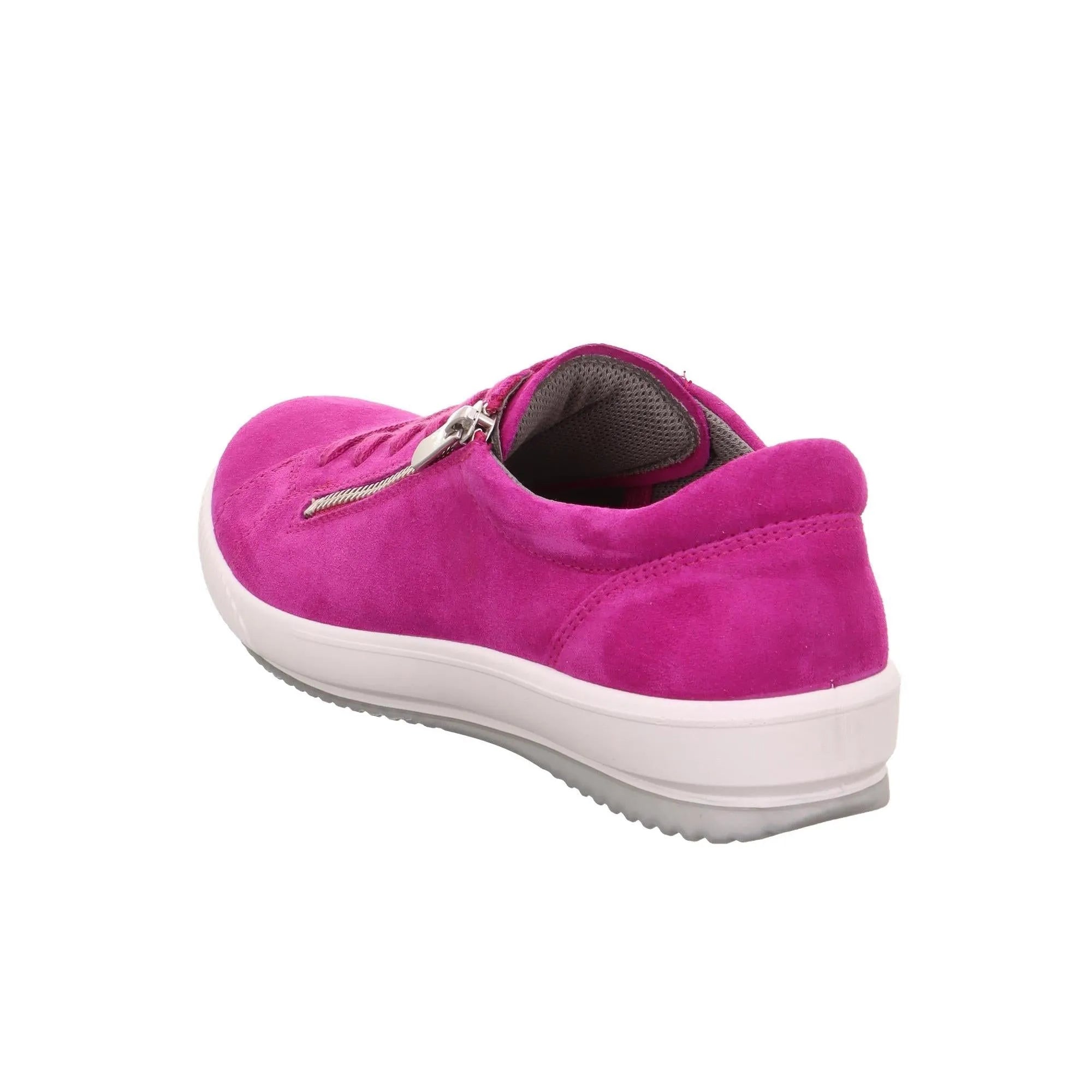 Pink suede trainers with zipper and lace details, white sole, cushioned interior, casual style.