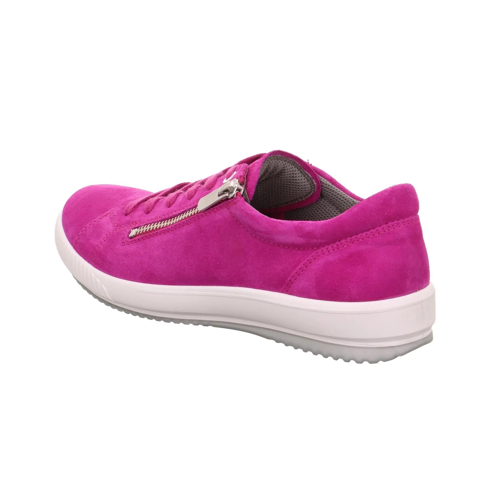 Pink suede trainers with a side zipper, lace-up front, cushioned interior, and white rubber sole.