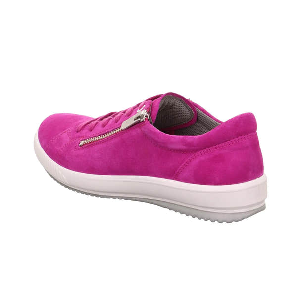 Pink suede trainers with a side zipper, lace-up front, cushioned interior, and white rubber sole.