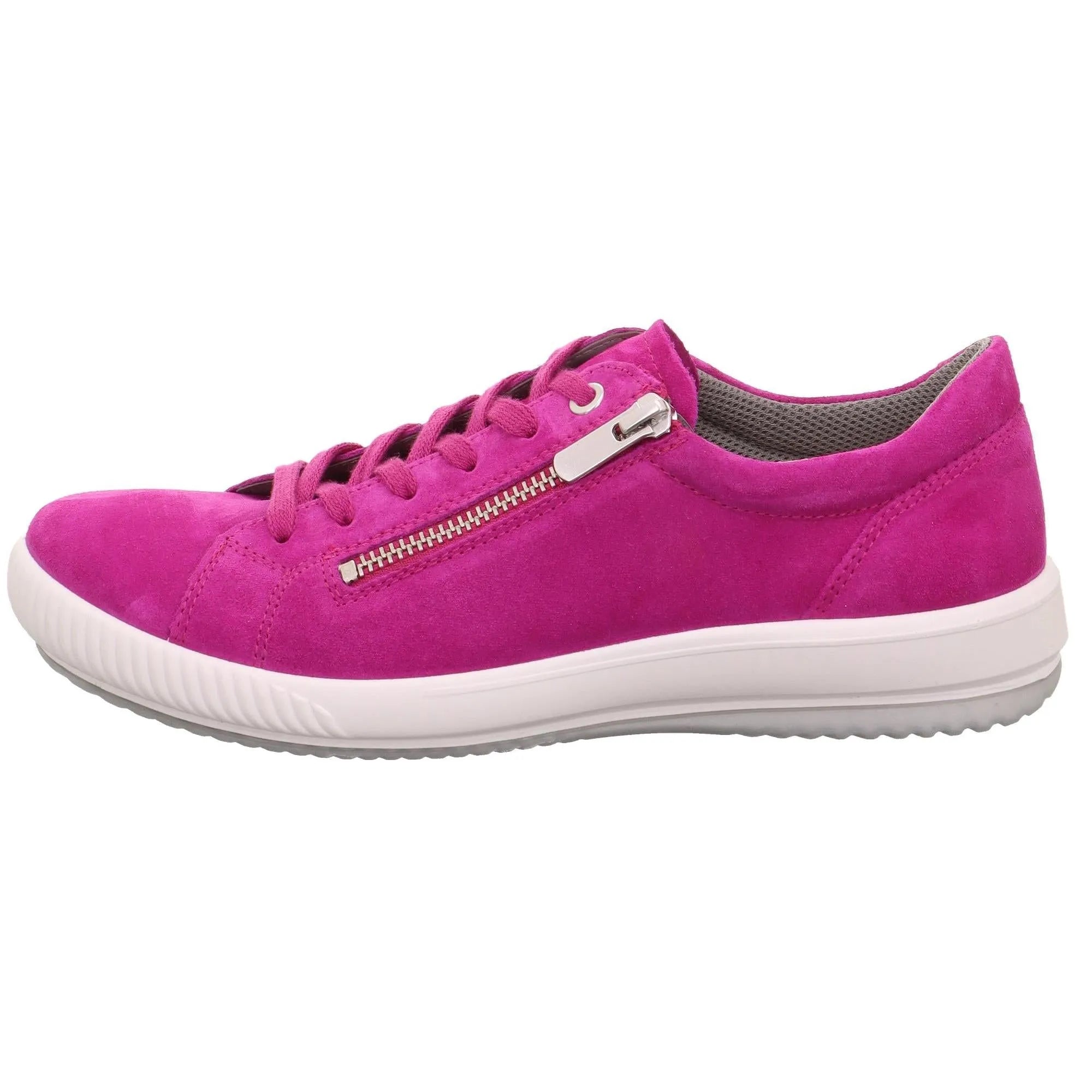 Pink suede trainer with lace-up, side zipper, white sole, and gray interior lining.