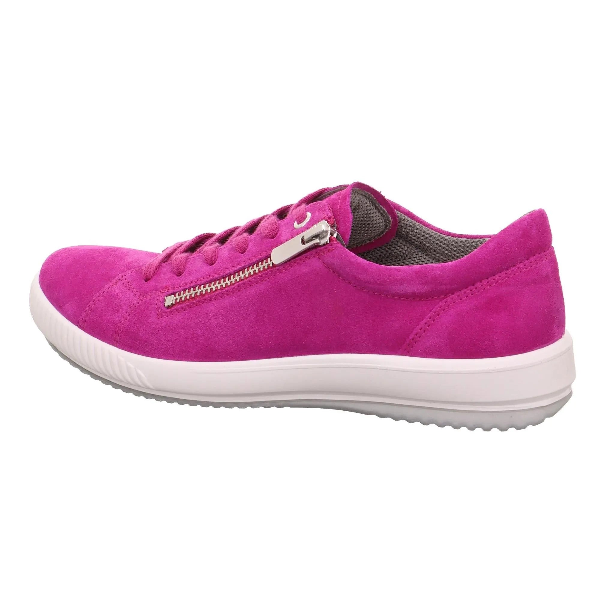 Pink suede trainer with a side zipper, lace-up front, white rubber sole, and grey interior lining.