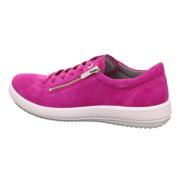 Pink suede trainer with a side zipper, lace-up front, white rubber sole, and grey interior lining.
