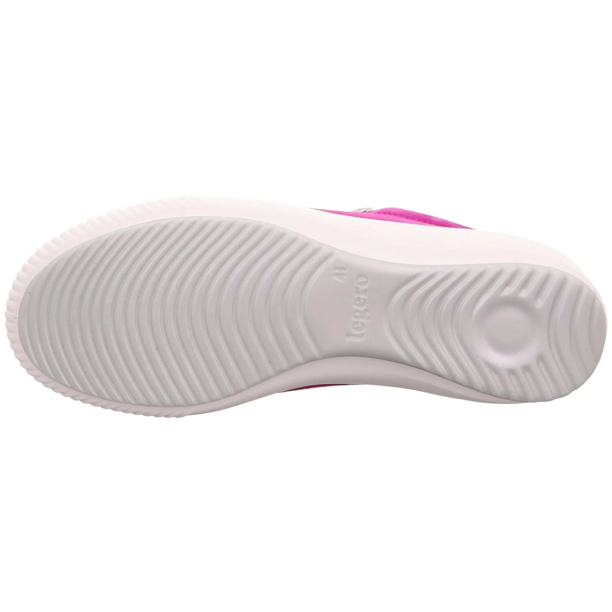 Pink suede trainer with white sole, zip and lace details, and textured rubber outsole.