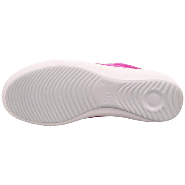 Pink suede trainer with white sole, zip and lace details, and textured rubber outsole.