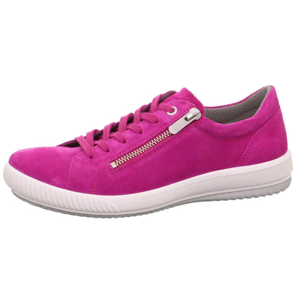 Pink suede trainers with laces, a side zipper, white sole, and grey interior lining.