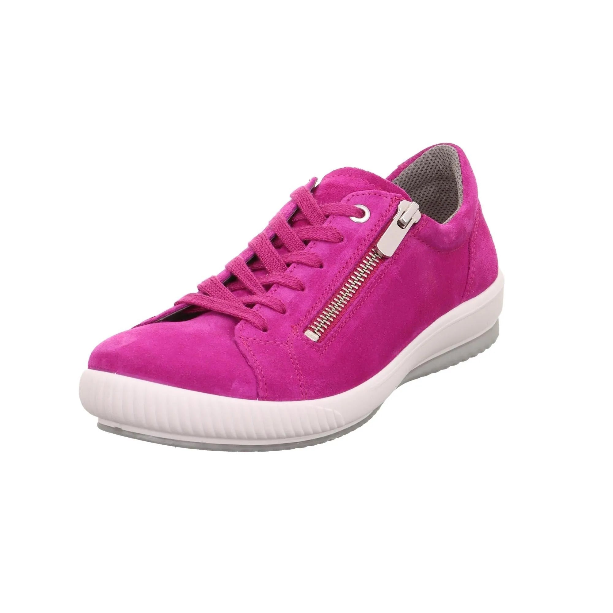 Pink suede trainer with lace-up front, side zipper, grey interior lining, and white rubber sole.