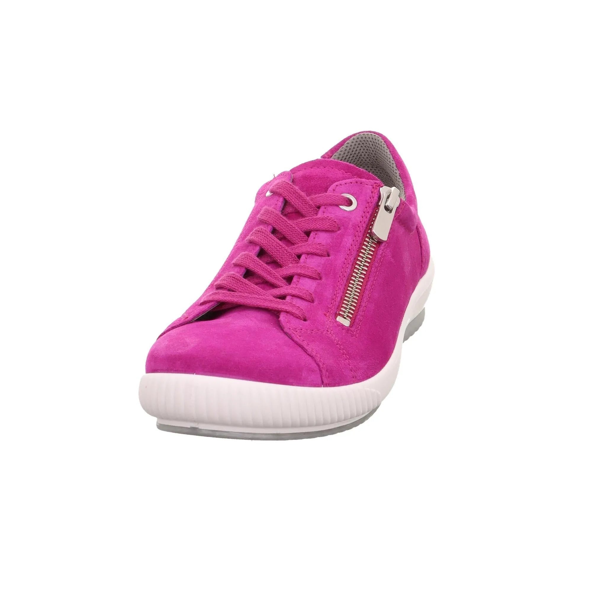 Pink suede trainer with lace-up and side zipper, white rubber sole, designed for women, stylish and comfortable.