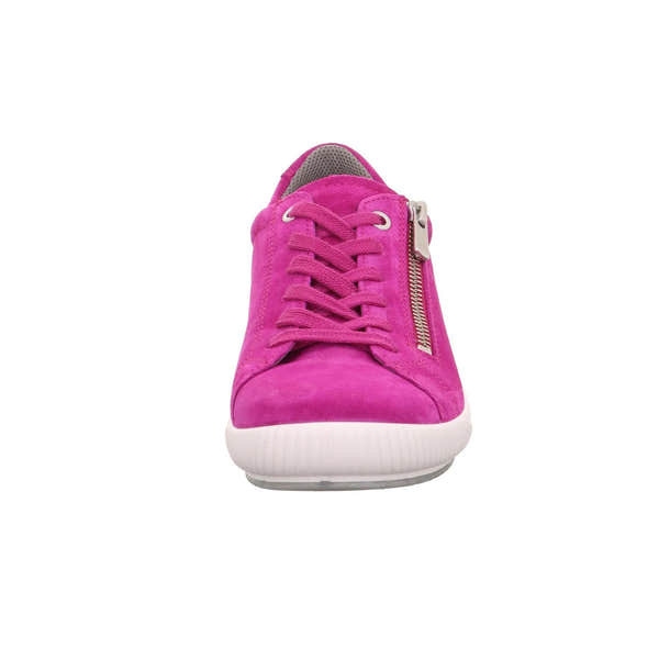 Pink suede trainers with lace-up and side zipper, white sole, stylish and casual women's footwear.