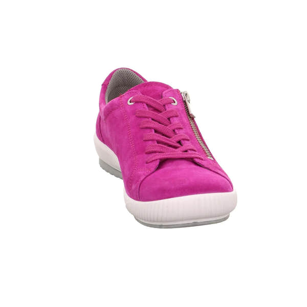 Pink suede trainer with zip and laces, white sole, stylish and casual women's footwear.