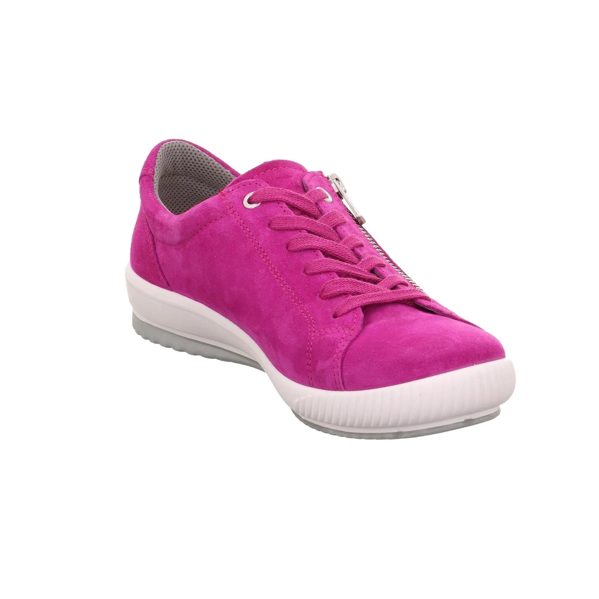 Pink suede lace-up trainers with zip and mesh lining, white sole, and stylish design.