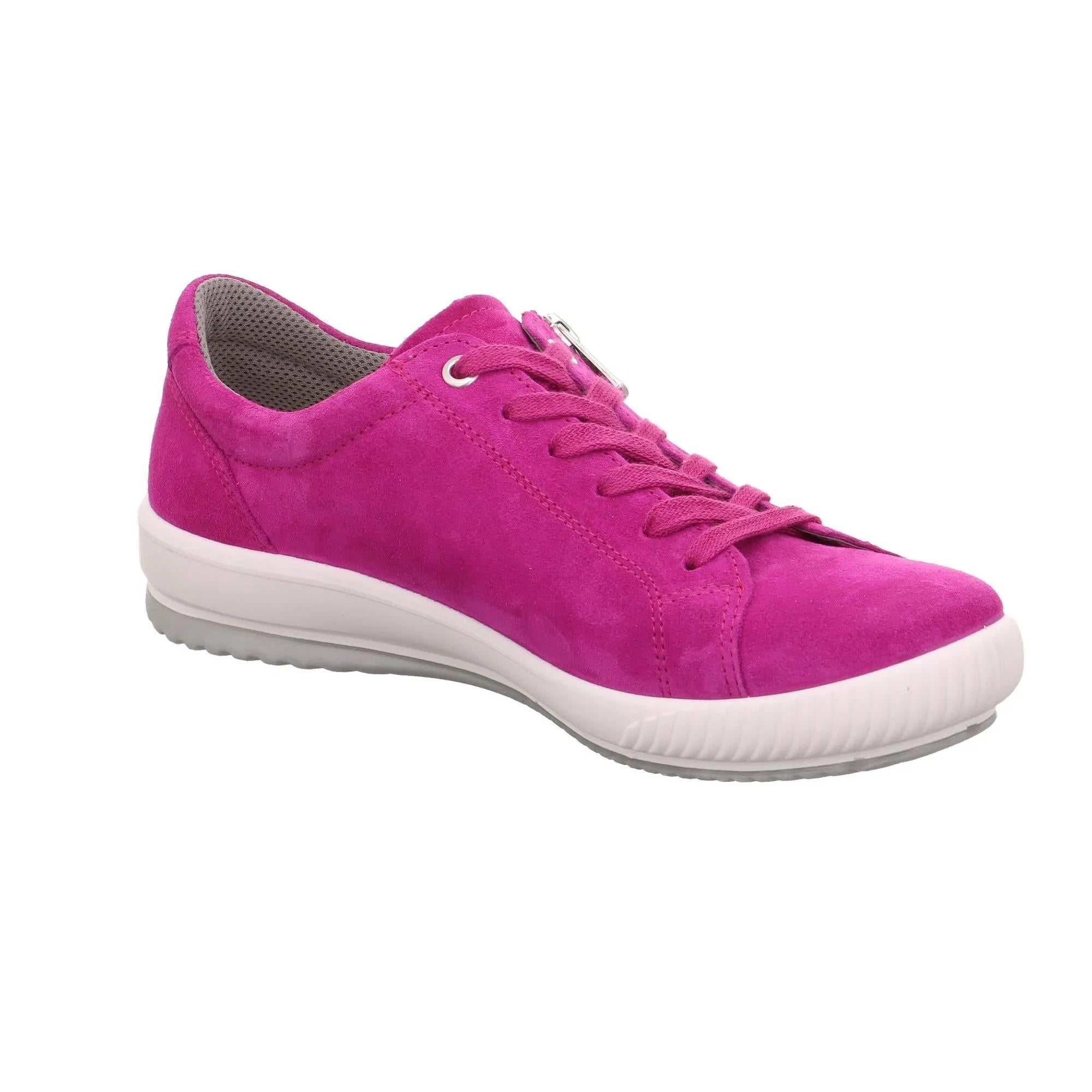 Pink suede trainer with lace-up and side zip, white sole, breathable grey lining, casual style.