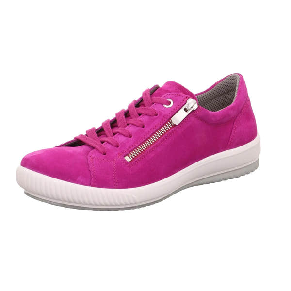 Pink suede trainer with a white sole, pink laces, and a silver zipper on the side, casual style for women.