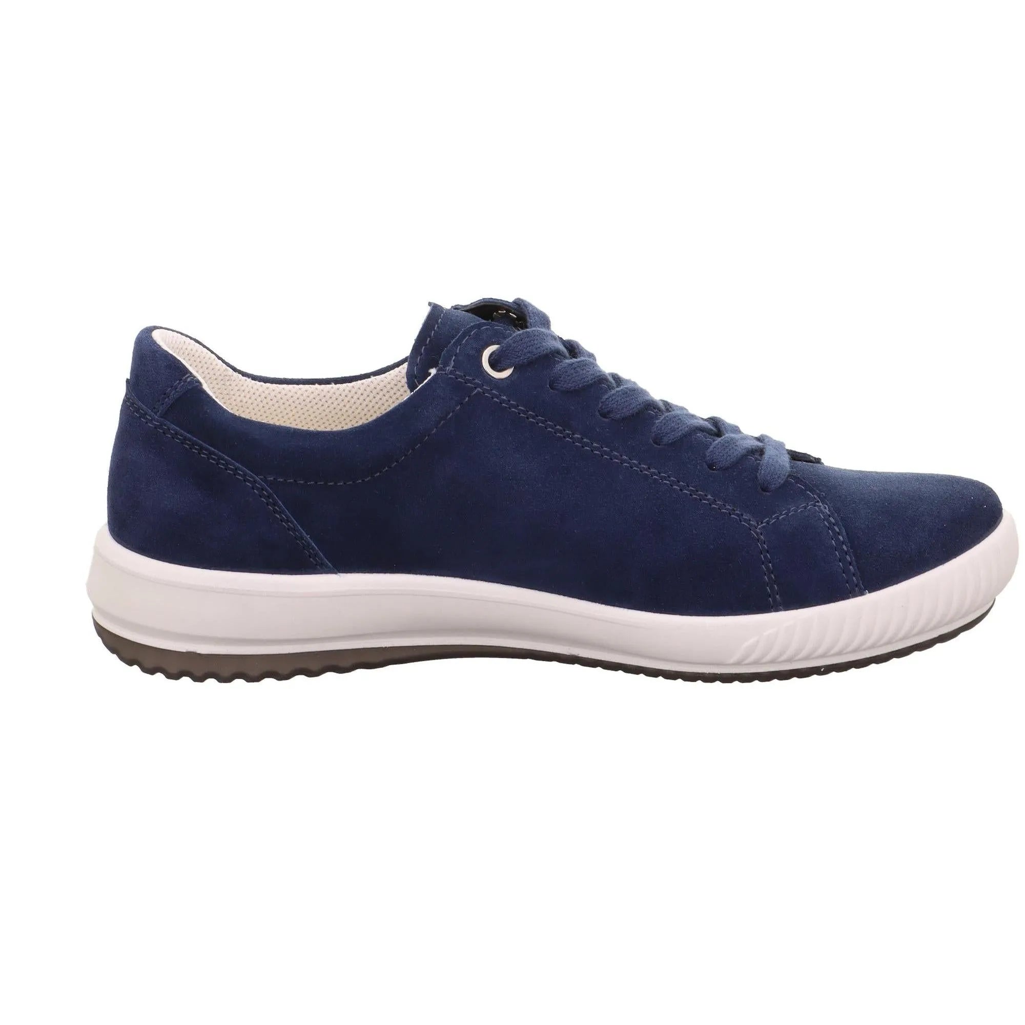 Legero Tanaro 5.0 women's blue suede trainers with lace and zip closure, cushioned white midsole, and black rubber outsole.
