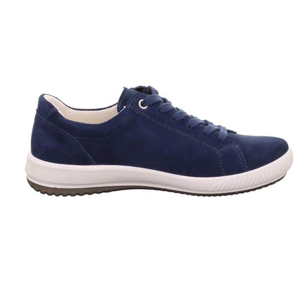 Legero Tanaro 5.0 women's blue suede trainers with lace and zip closure, cushioned white midsole, and black rubber outsole.