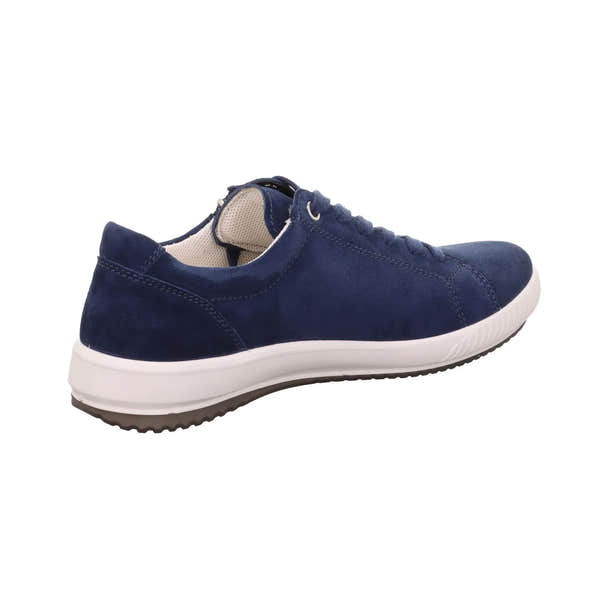 Legero Tanaro 5.0 ladies blue suede trainers with lace and zip closure, white outsole, and cushioned interior.