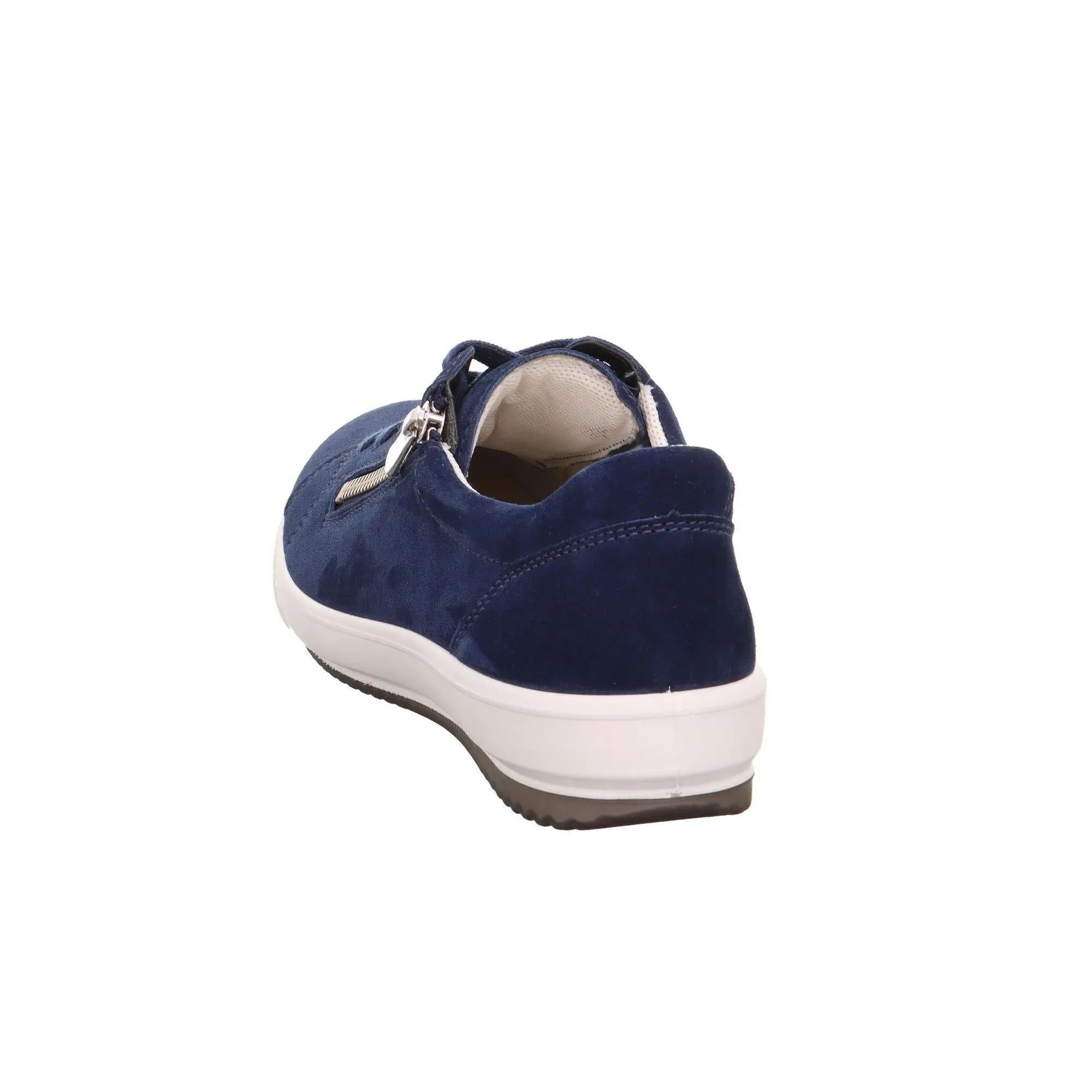 Legero Women's Tanaro 5.0 blue suede trainers with zip and lace, white midsole, back view.