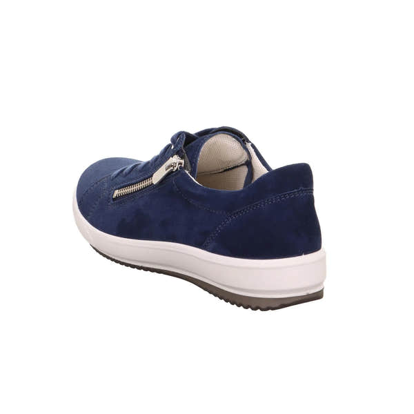 Legero Ladies Blue Suede Trainers with zip and lace, white midsole, rear heel tab, and cushioned inner lining.
