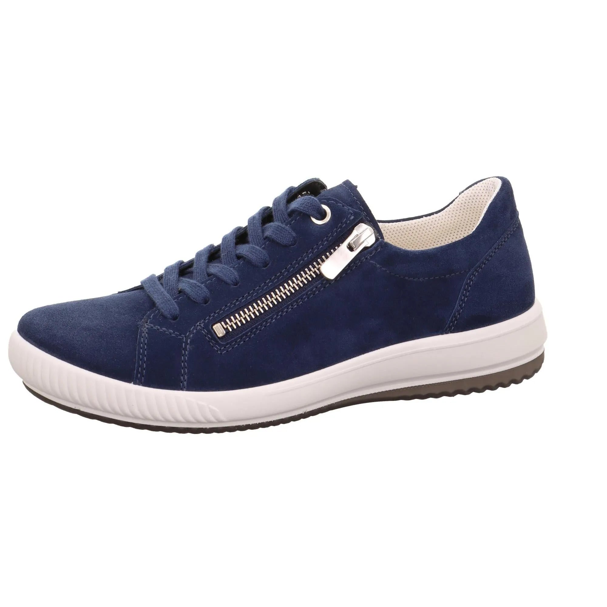 Legero Tanaro 5.0 ladies' blue suede trainers with lace-up and side zipper, cushioned white sole, lightweight and stylish.