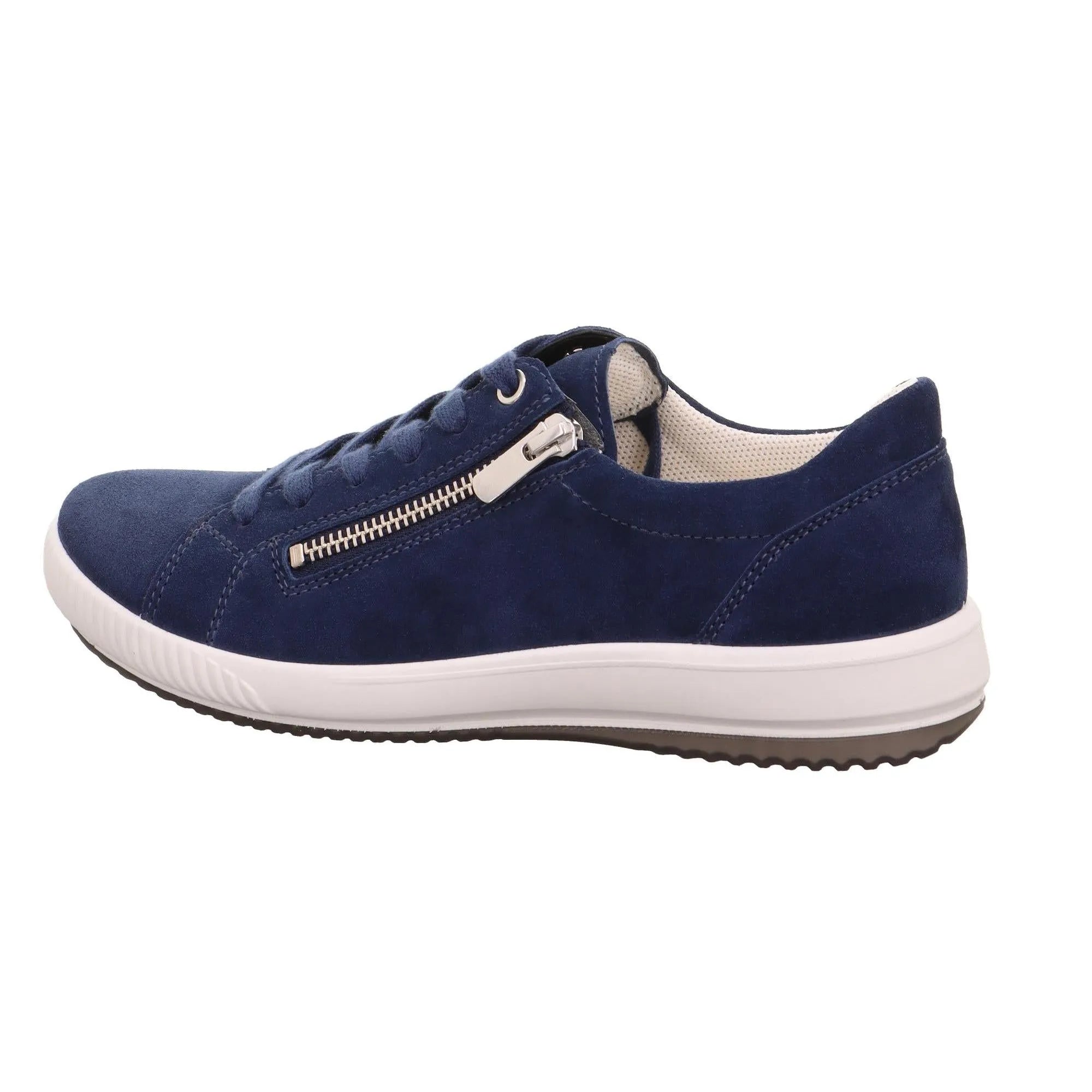 Legero women's blue suede trainers with zip and lace-up closure, cushioned interior, and white rubber sole.