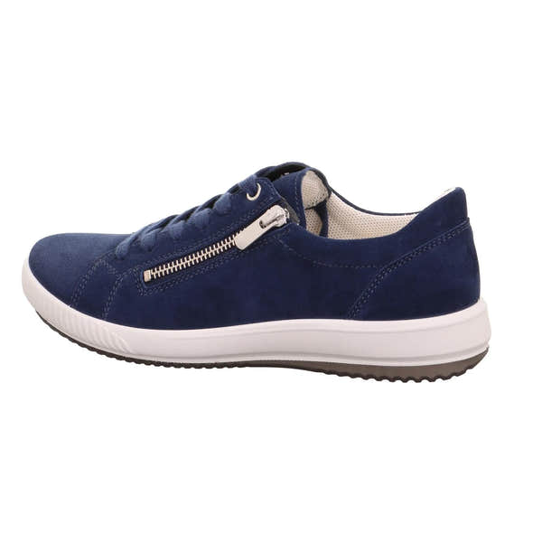 Legero women's blue suede trainers with zip and lace-up closure, cushioned interior, and white rubber sole.