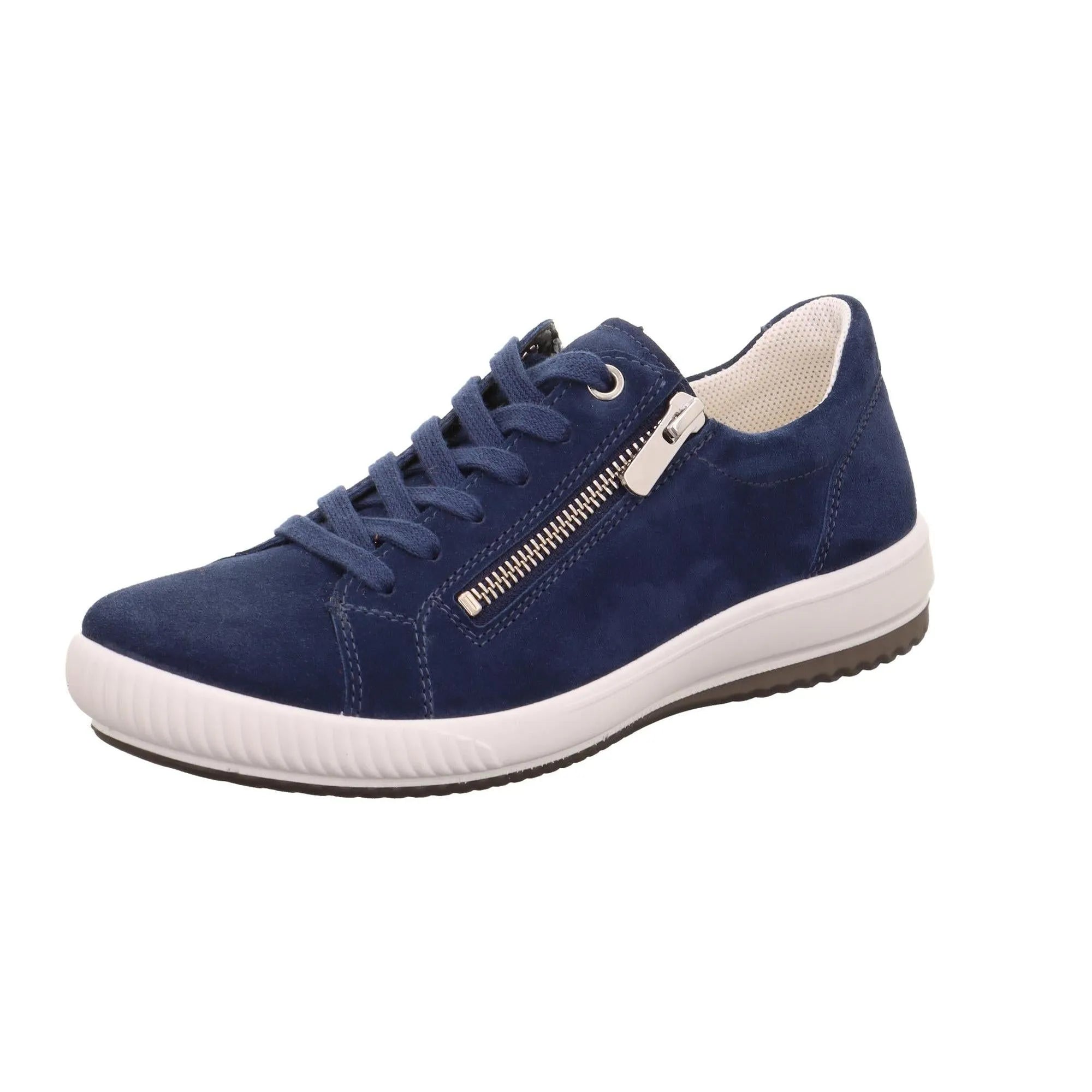 Legero women's blue suede trainers with lace-up and side zipper, white rubber sole, stylish casual athletic shoes.
