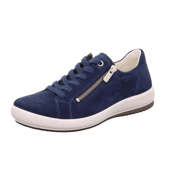 Legero women's blue suede trainers with lace-up and side zipper, white rubber sole, stylish casual athletic shoes.