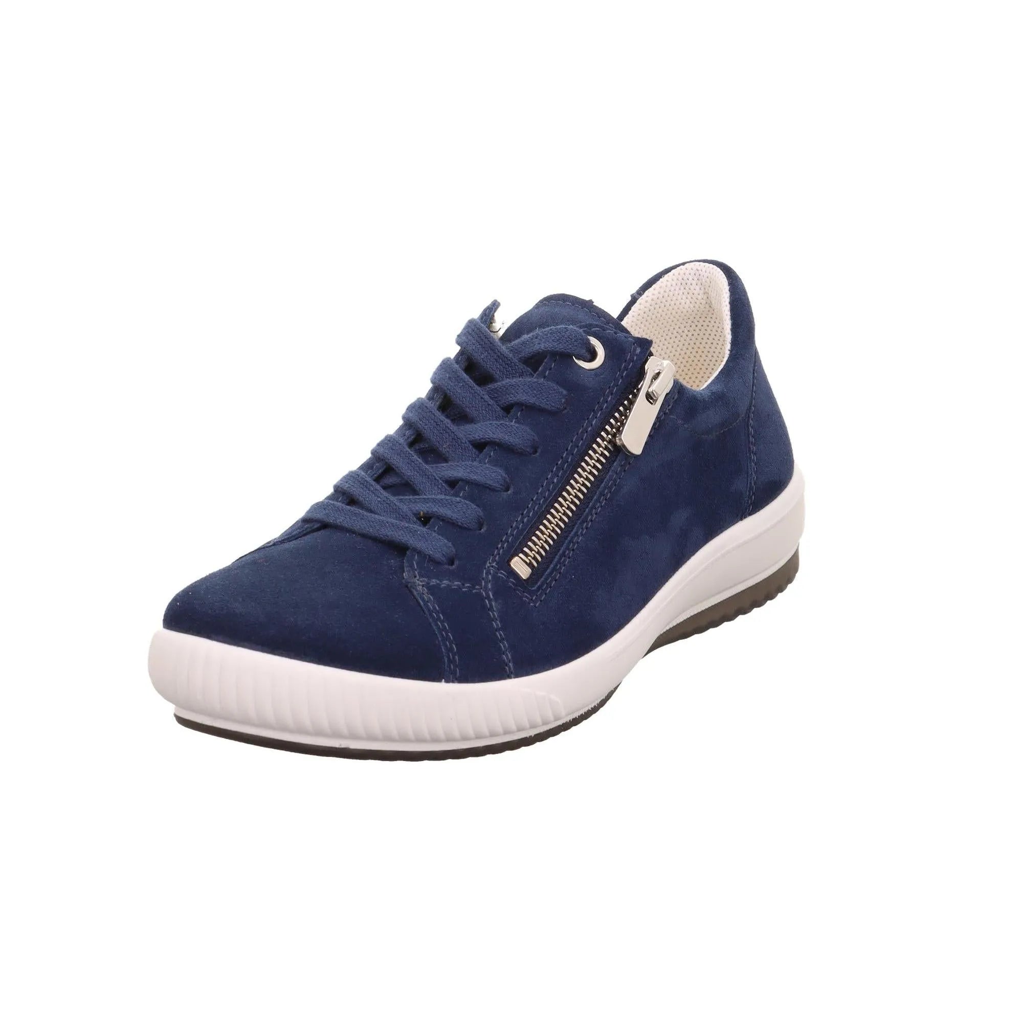 Legero Tanaro 5.0 women's blue suede trainers with lace-up and side zipper, white midsole, and cushioned interior.