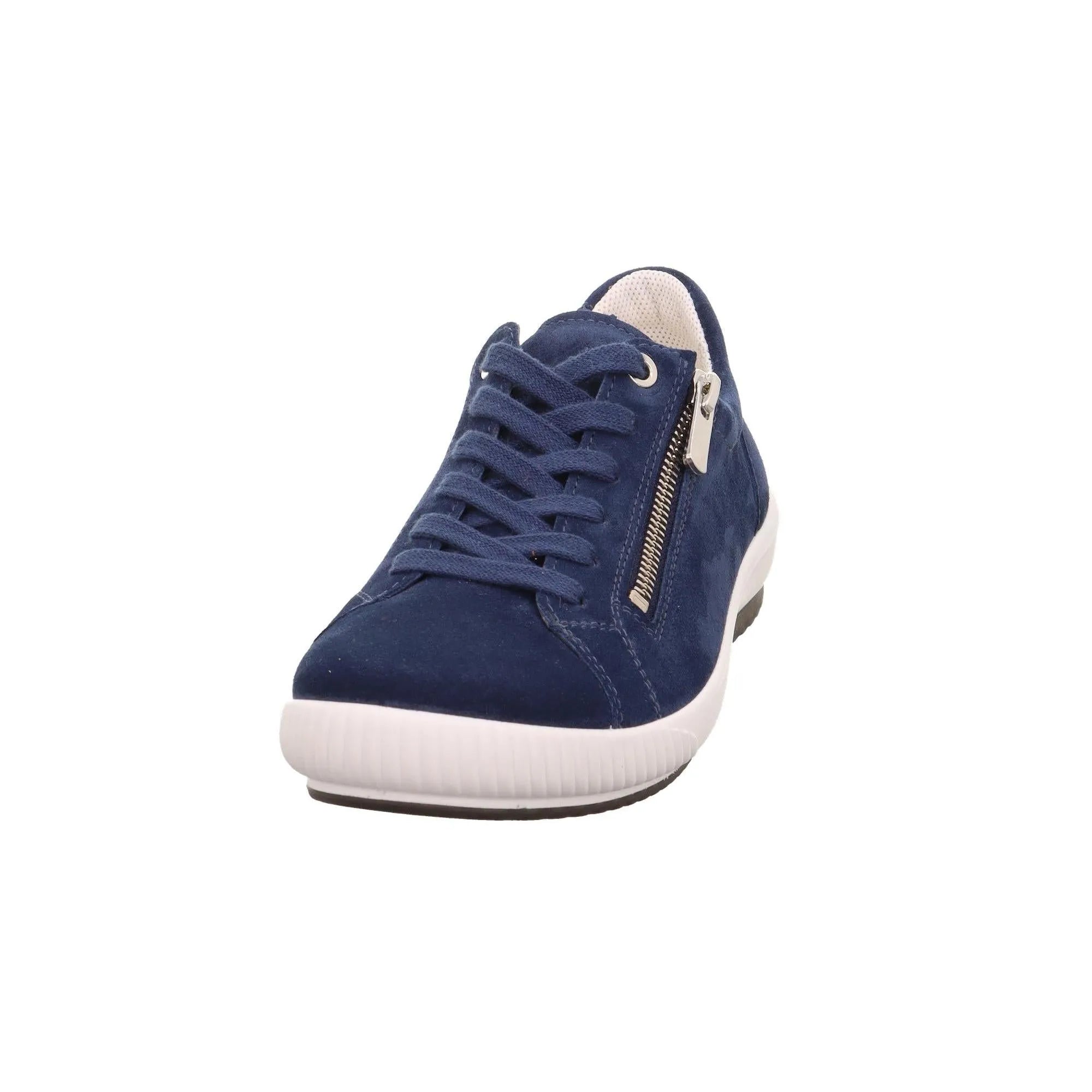 Legero Tanaro 5.0 ladies' blue suede trainers with lace-up front and side zipper, cushioned white sole, stylish and comfortable footwear.
