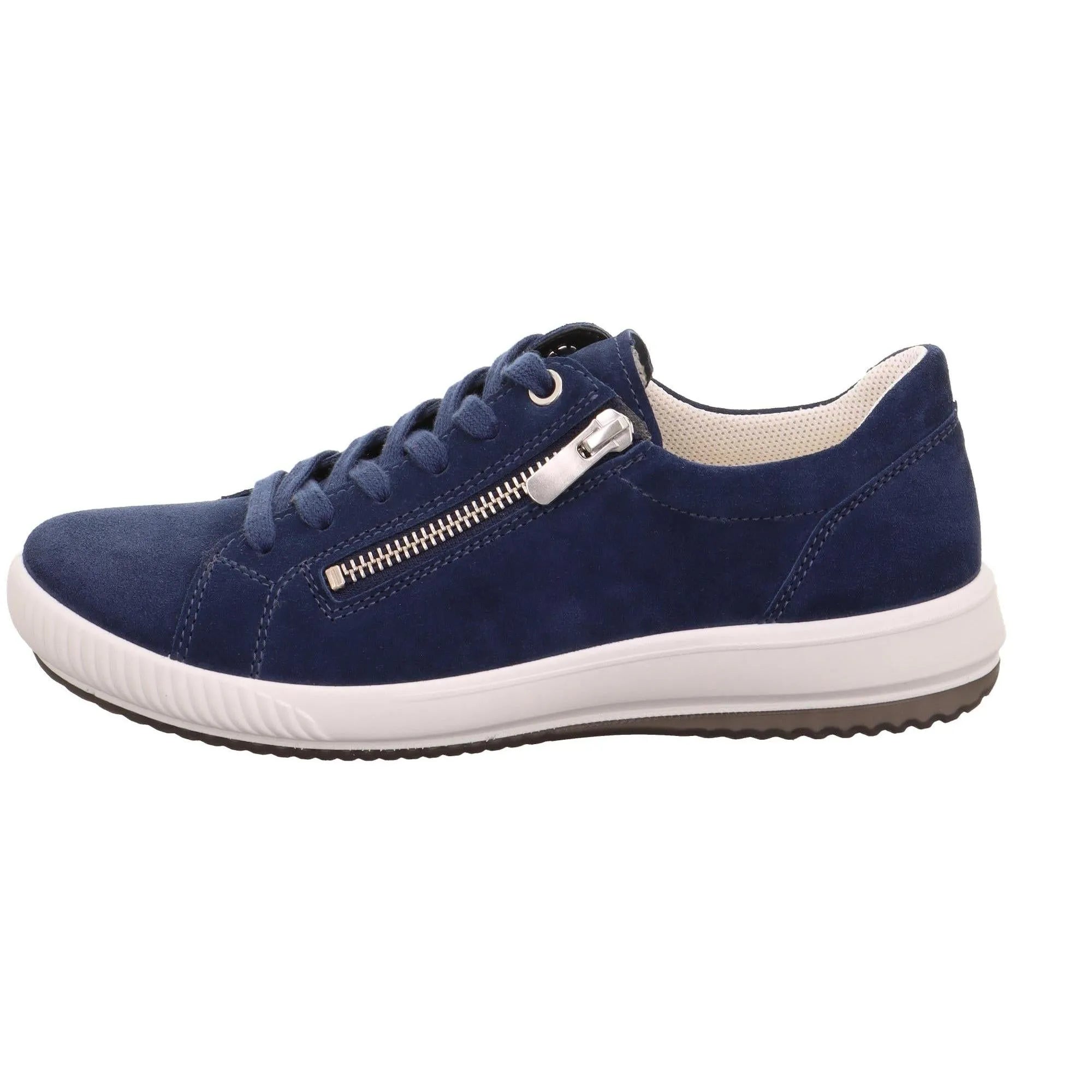 Legero Tanaro 5.0 ladies' blue suede trainers with zipper and lace-up closure, white midsole, and black outsole.