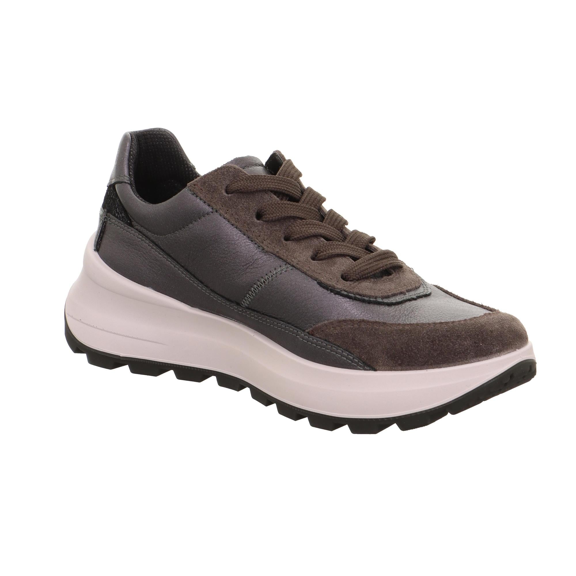 Legero T4 Run ladies waterproof grey leather trainers with lace-up front, zip fastening, and chunky rubber sole.