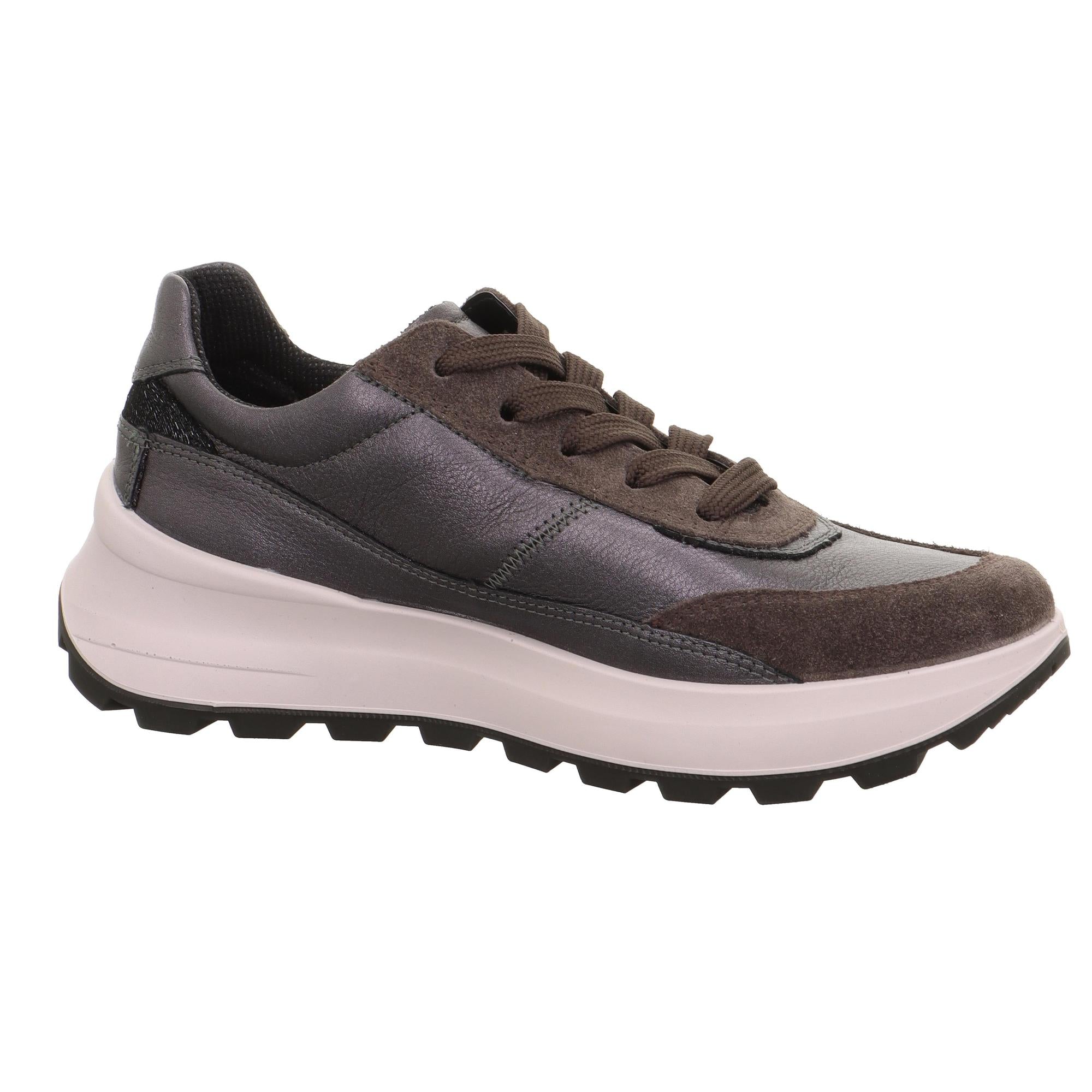 Legero T4 Run ladies' waterproof grey leather trainers with zip and lace fastening, chunky white sole, and mixed material design.