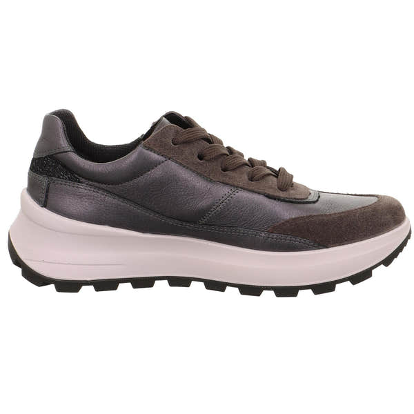 Legero T4 Run women's grey leather waterproof trainers with zip and lace fastening, chunky white midsole, and rugged black outsole.