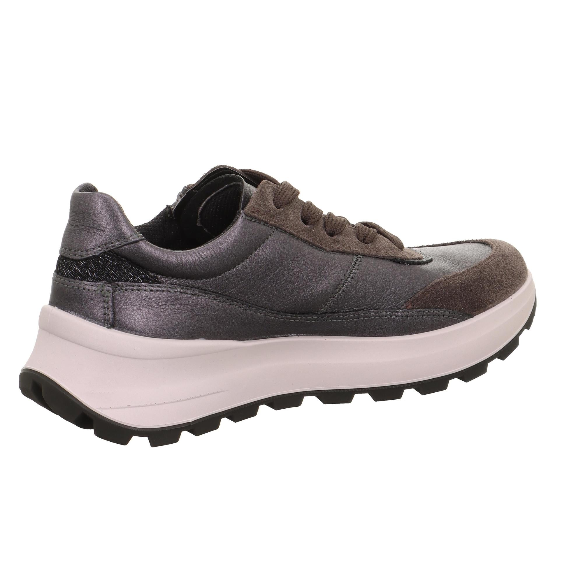 Legero T4 Run women's waterproof grey leather trainer with zip and lace-up closure, chunky white and black sole.