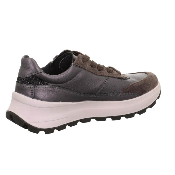 Legero T4 Run women's waterproof grey leather trainer with zip and lace-up closure, chunky white and black sole.