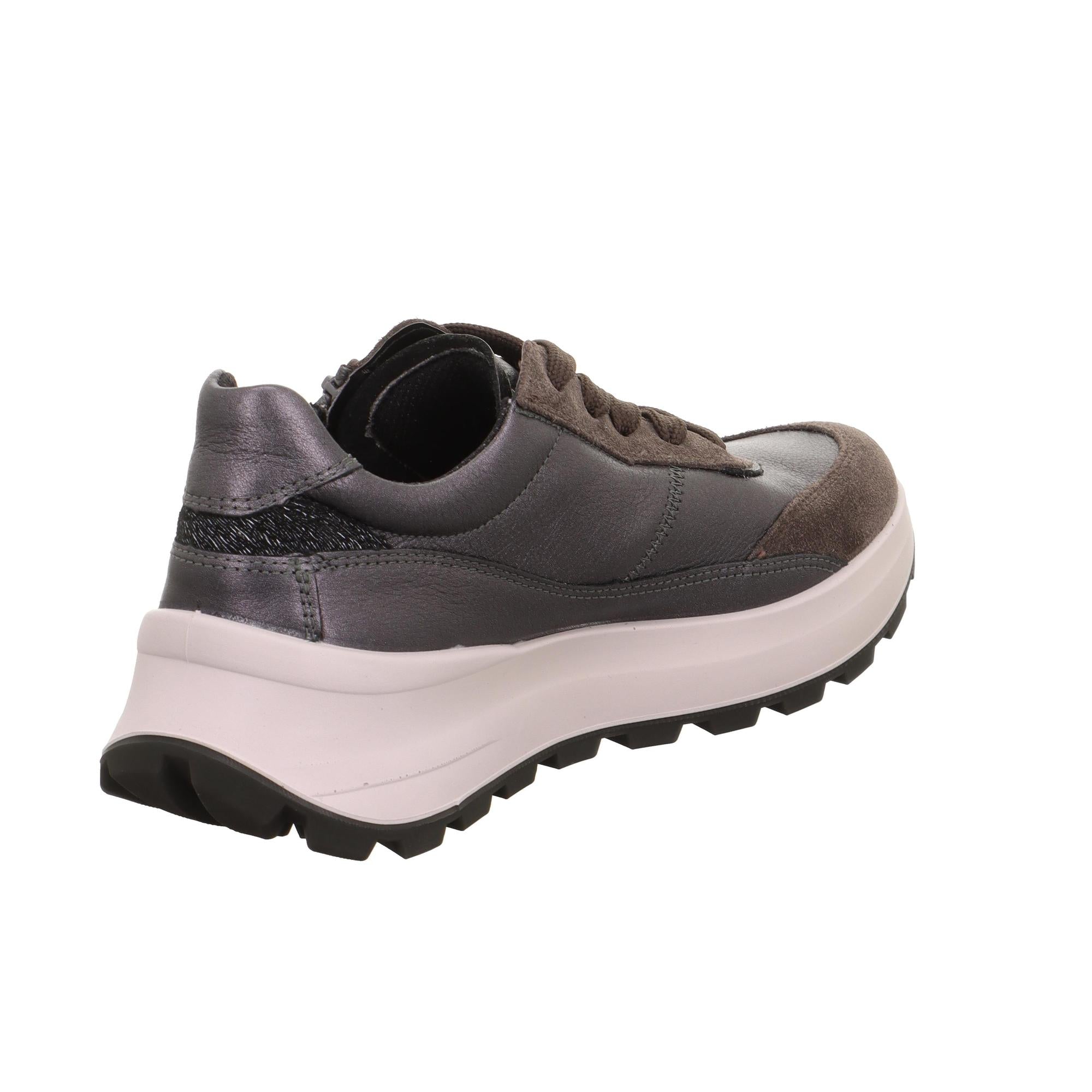 Legero T4 Run ladies waterproof leather trainers in gunmetal grey with zip and lace closure, chunky white and black sole.