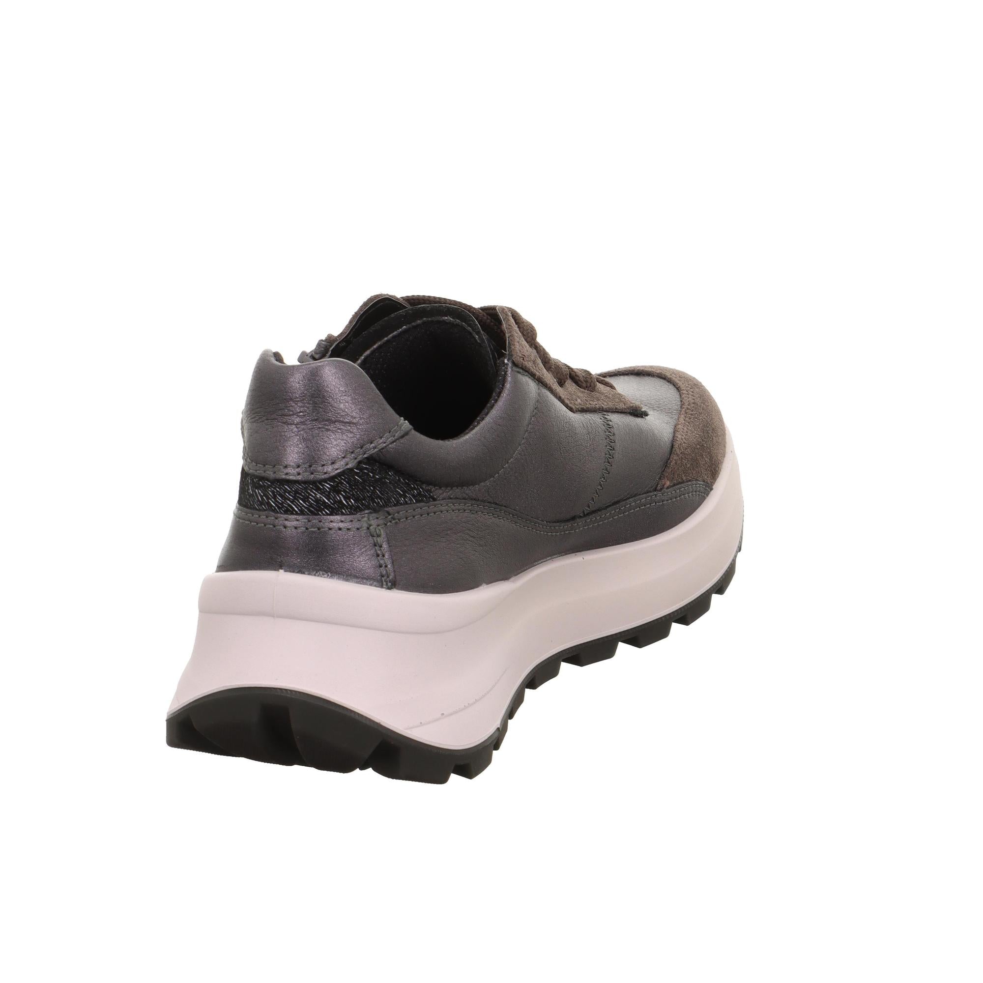 Legero T4 Run ladies waterproof leather grey trainers with zip and lace, chunky white and black sole.