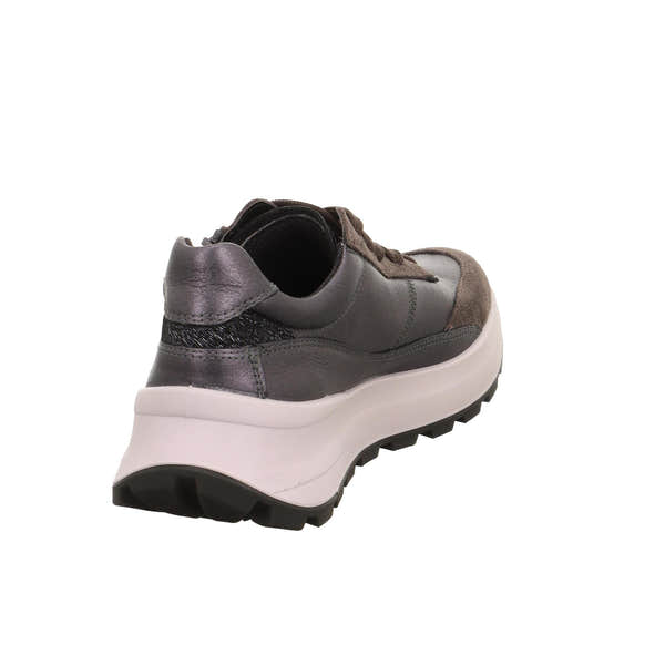Legero T4 Run ladies waterproof leather grey trainers with zip and lace, chunky white and black sole.