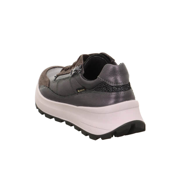 Legero T4 Run ladies' waterproof grey leather trainers with zip and lace, GORE-TEX breathable membrane, chunky white midsole.