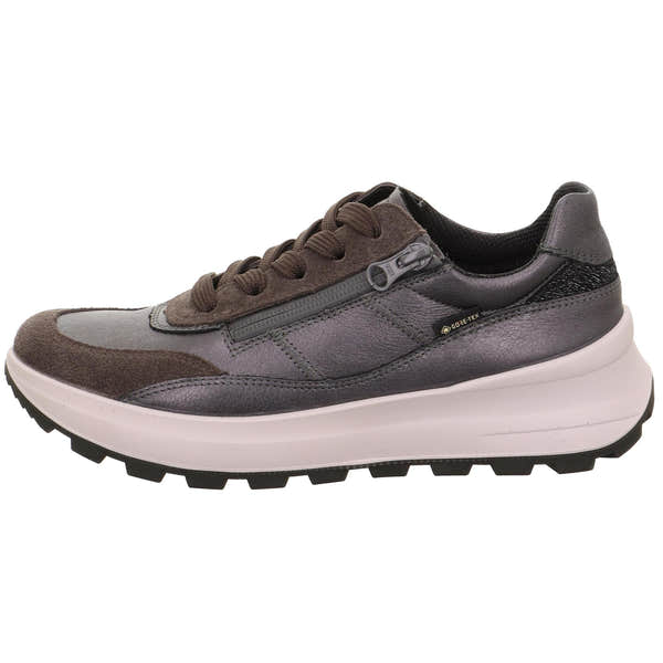 Legero T4 Run ladies waterproof leather trainers in gunmetal grey with zip and lace closure, cushioned sole, and GORE-TEX protection.