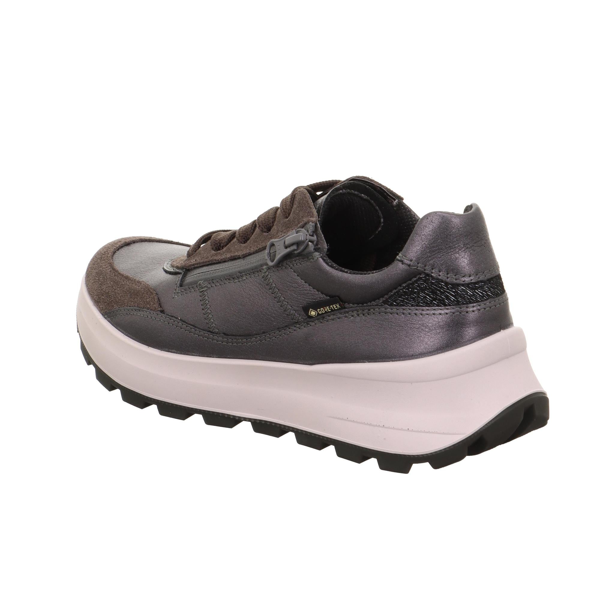 Ladies Gunmetal Grey Leather Waterproof Trainers with Zip and Lace Closure, cushioned sole, and rugged tread.