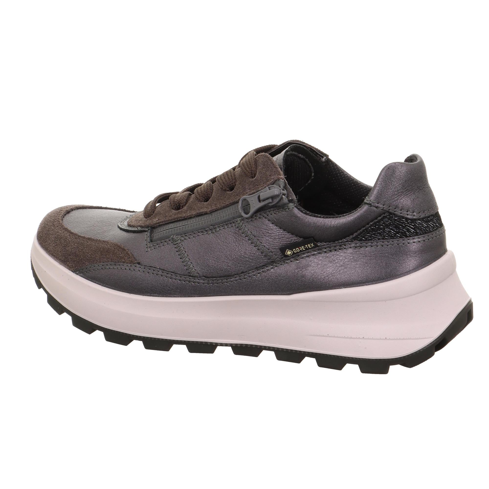 Legero T4 Run Ladies Gunmetal Grey Leather Waterproof Trainers with zip and lace fastenings, cushioned sole, and rugged outsole.