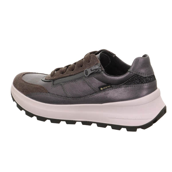 Legero T4 Run Ladies Gunmetal Grey Leather Waterproof Trainers with zip and lace fastenings, cushioned sole, and rugged outsole.